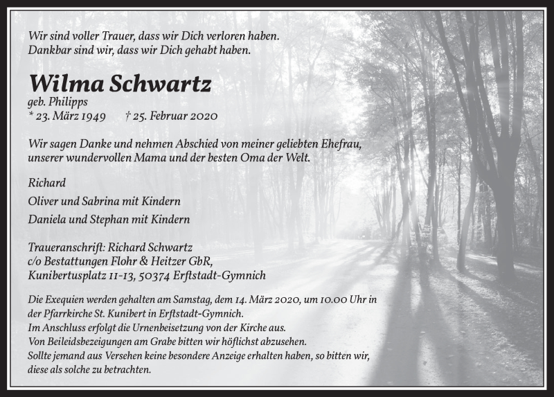  Traueranzeige für Wilma Schwartz vom 11.03.2020 aus  Werbepost 