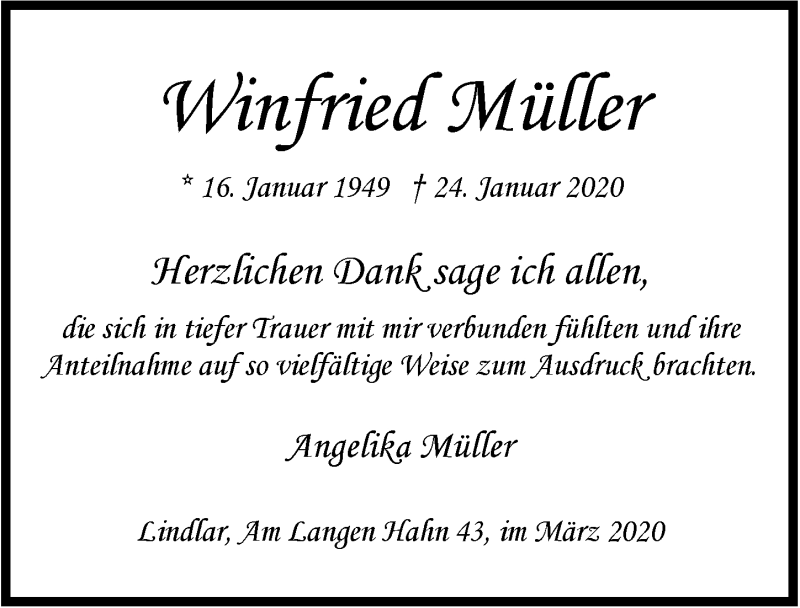  Traueranzeige für Winfried Müller vom 04.03.2020 aus  Anzeigen Echo 