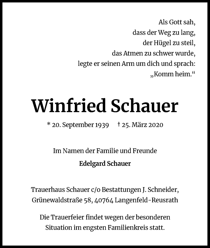  Traueranzeige für Winfried Schauer vom 28.03.2020 aus Kölner Stadt-Anzeiger / Kölnische Rundschau / Express