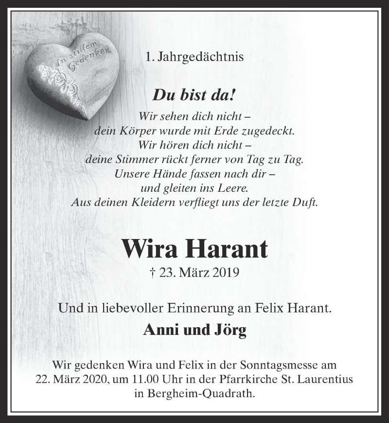  Traueranzeige für Wira Harant vom 11.03.2020 aus  Werbepost 