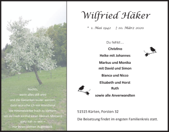 Anzeige von Wirfried Häker von Zeitungsgruppe Köln