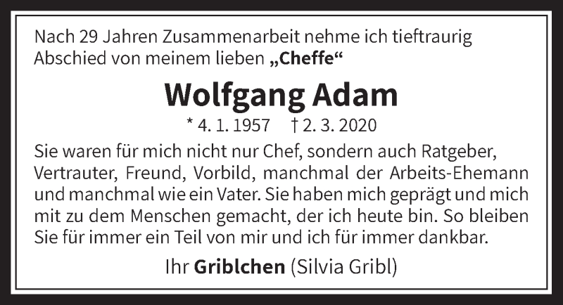  Traueranzeige für Wolfgang Adam vom 11.03.2020 aus  Wochenende 