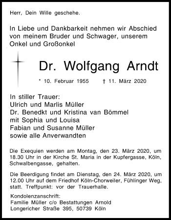 Anzeige von Wolfgang Arndt von Zeitungsgruppe Köln