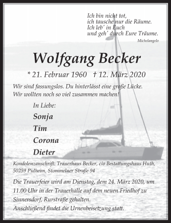 Anzeige von Wolfgang Becker von  Wochenende 