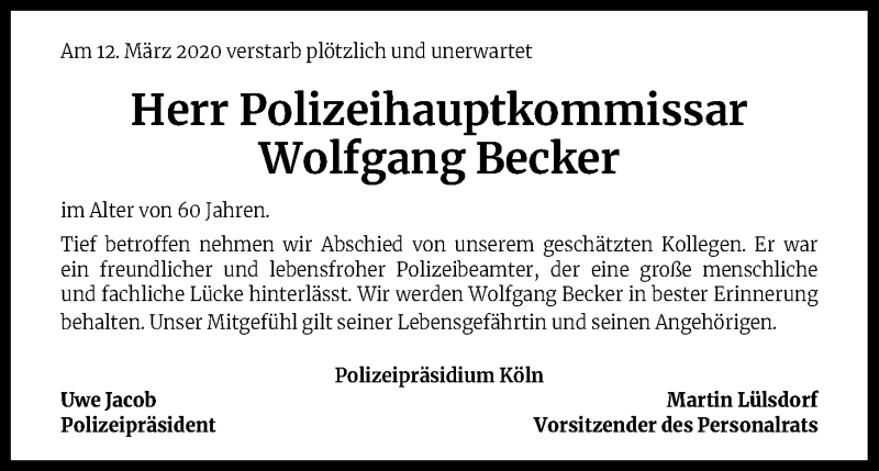  Traueranzeige für Wolfgang Becker vom 21.03.2020 aus Kölner Stadt-Anzeiger / Kölnische Rundschau / Express