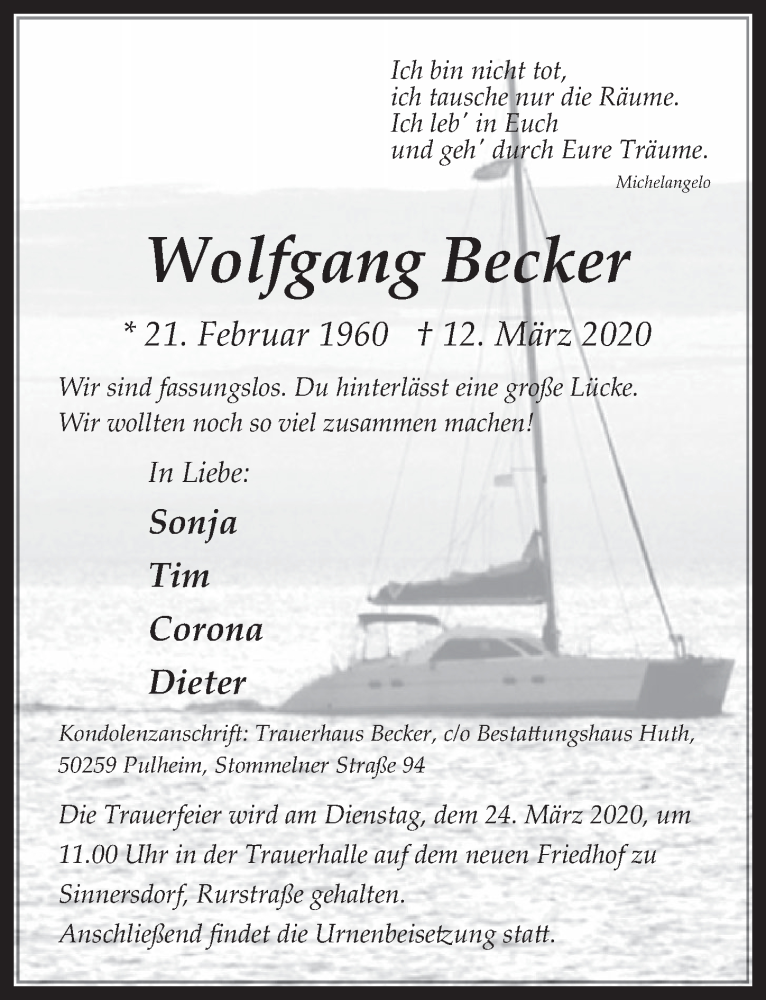  Traueranzeige für Wolfgang Becker vom 18.03.2020 aus  Wochenende 
