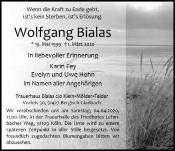 Anzeige von Wolfgang Bialas von Kölner Stadt-Anzeiger / Kölnische Rundschau / Express