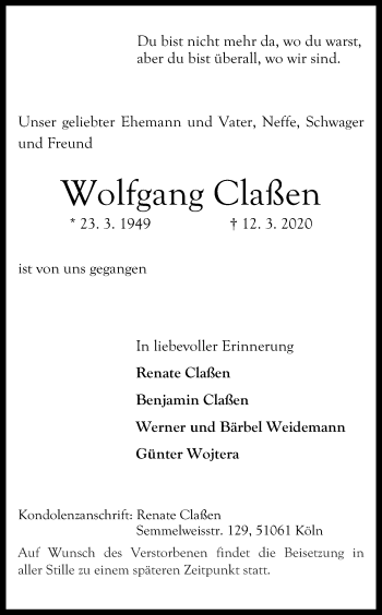 Anzeige von Wolfgang Claßen von Kölner Stadt-Anzeiger / Kölnische Rundschau / Express
