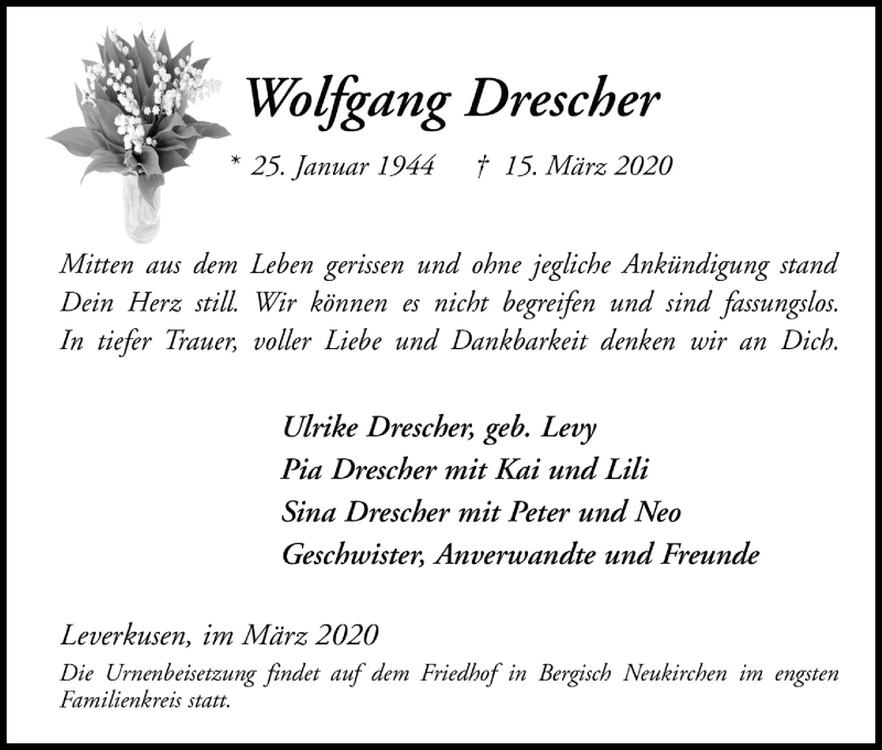  Traueranzeige für Wolfgang Drescher vom 25.03.2020 aus Kölner Stadt-Anzeiger / Kölnische Rundschau / Express