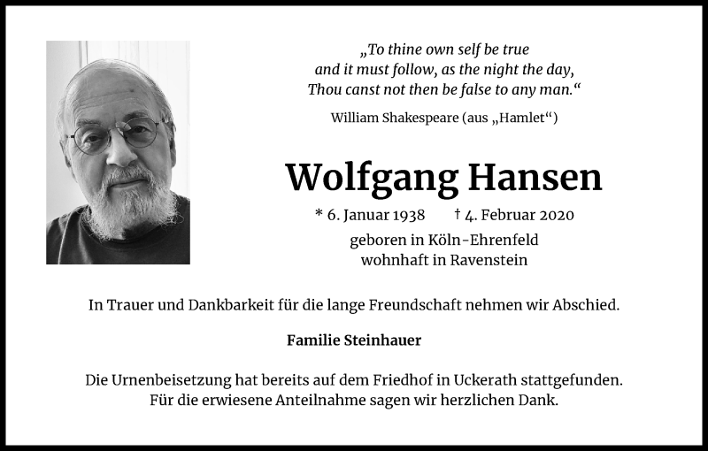  Traueranzeige für Wolfgang Hansen vom 10.03.2020 aus Kölner Stadt-Anzeiger / Kölnische Rundschau / Express