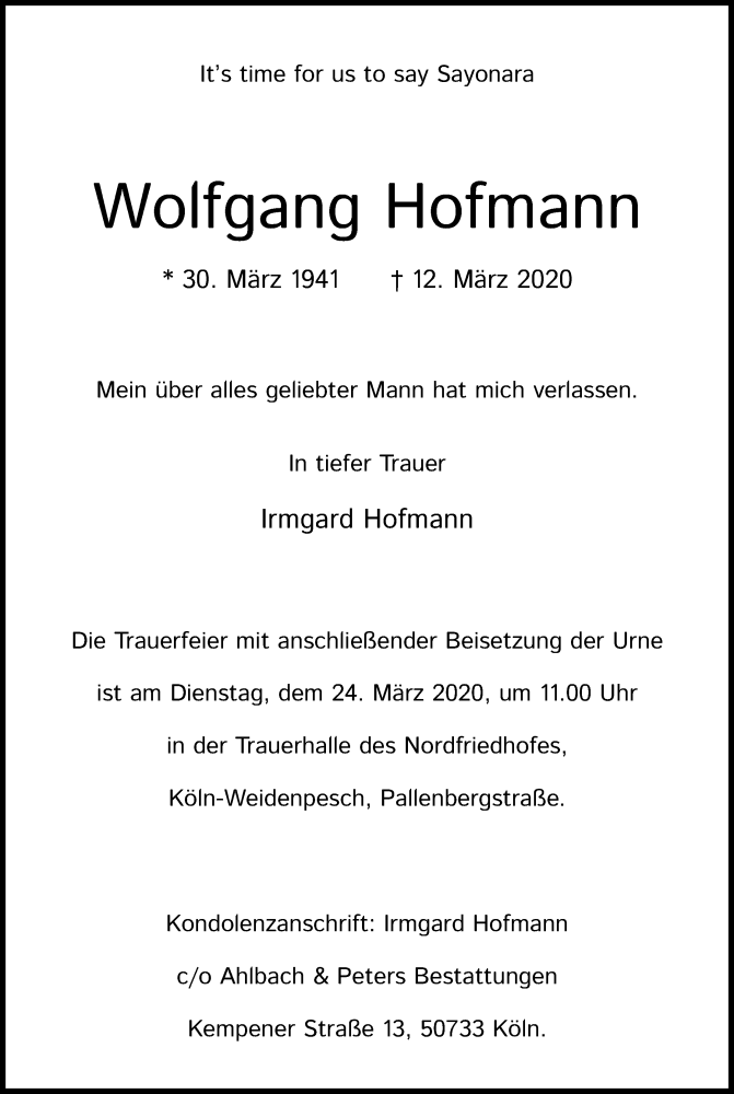 Traueranzeige für Wolfgang Hofmann vom 14.03.2020 aus Zeitungsgruppe Köln