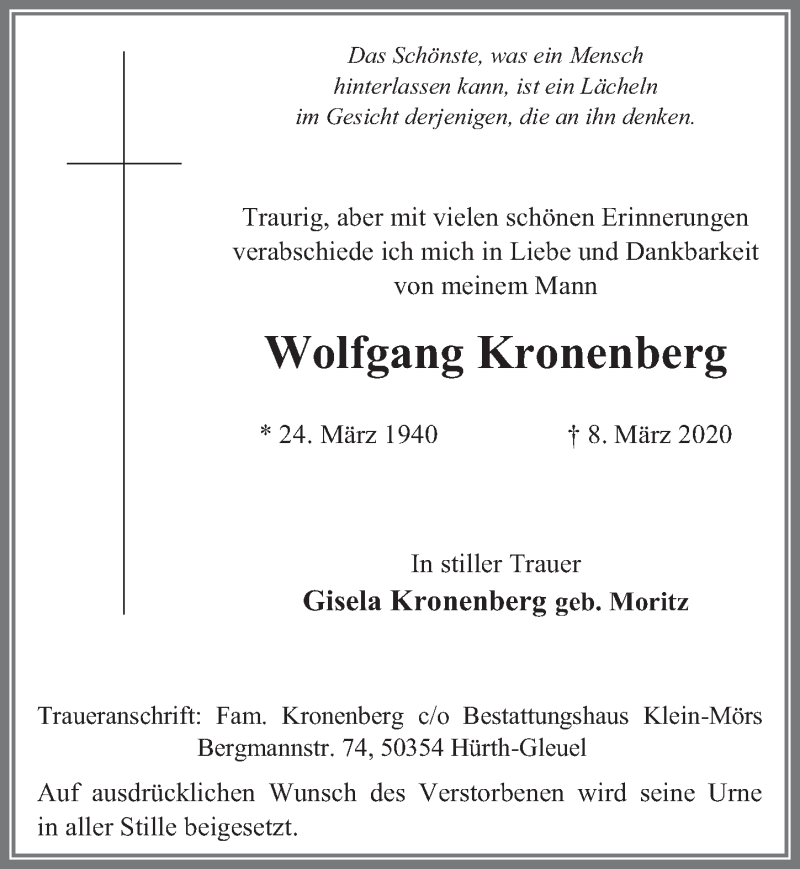  Traueranzeige für Wolfgang Kronenberg vom 27.03.2020 aus  Wochenende 