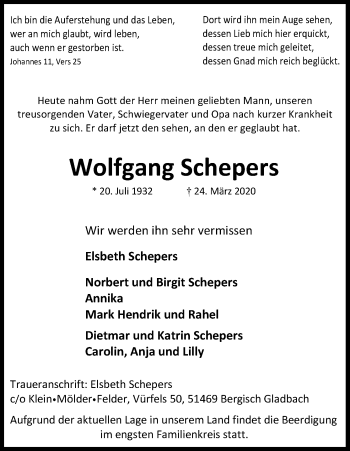 Anzeige von Wolfgang Schepers von Kölner Stadt-Anzeiger / Kölnische Rundschau / Express