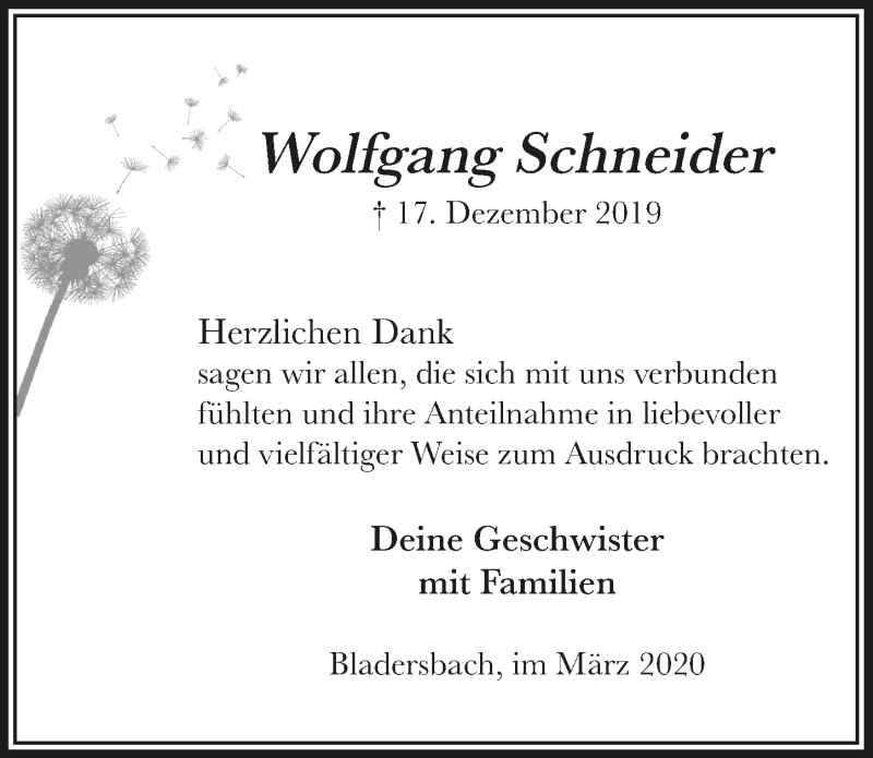  Traueranzeige für Wolfgang Schneider vom 04.03.2020 aus  Lokalanzeiger 