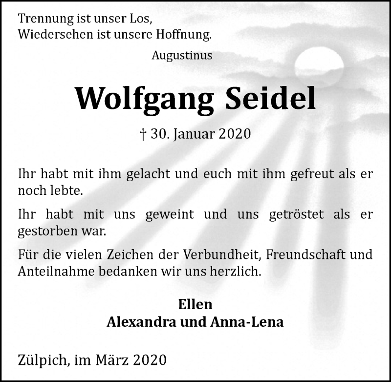  Traueranzeige für Wolfgang Seidel vom 07.03.2020 aus  Blickpunkt Euskirchen 