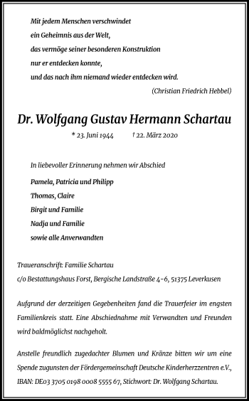 Anzeige von Wolfgang Gustav Hermann Schartau von Kölner Stadt-Anzeiger / Kölnische Rundschau / Express