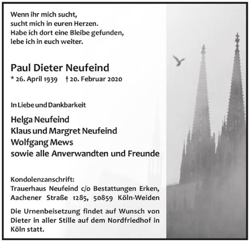  Traueranzeige für Paul Dieter Neufeind vom 11.03.2020 aus Kölner Stadt-Anzeiger / Kölnische Rundschau / Express