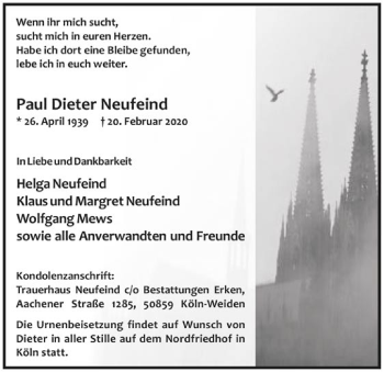 Anzeige von Paul Dieter Neufeind von Kölner Stadt-Anzeiger / Kölnische Rundschau / Express