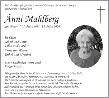 Anzeige von Änni Mahlberg von  Blickpunkt Euskirchen 