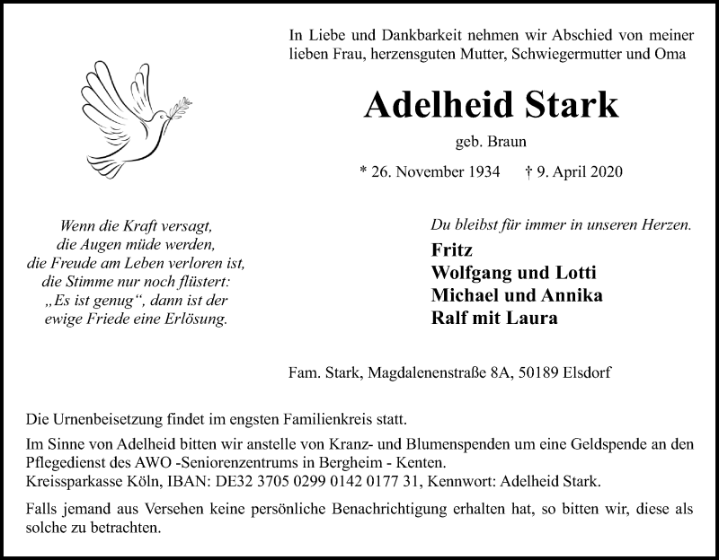  Traueranzeige für Adelheid Stark vom 18.04.2020 aus Kölner Stadt-Anzeiger / Kölnische Rundschau / Express