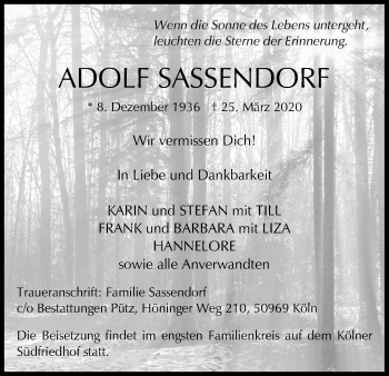 Anzeige von Adolf Sassendorf von Kölner Stadt-Anzeiger / Kölnische Rundschau / Express