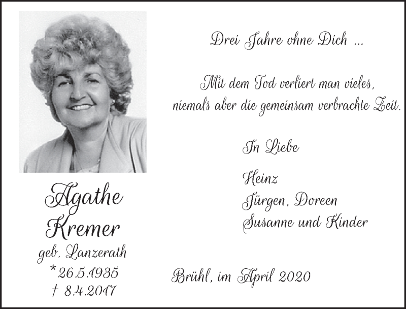  Traueranzeige für Agathe Kremer vom 10.04.2020 aus  Schlossbote/Werbekurier 