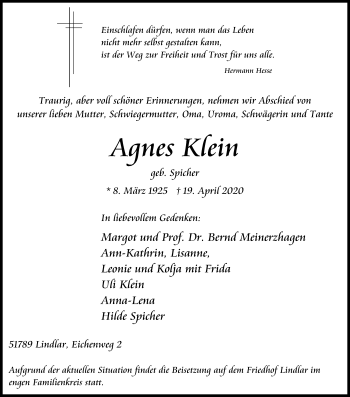Anzeige von Agnes Krein von Kölner Stadt-Anzeiger / Kölnische Rundschau / Express