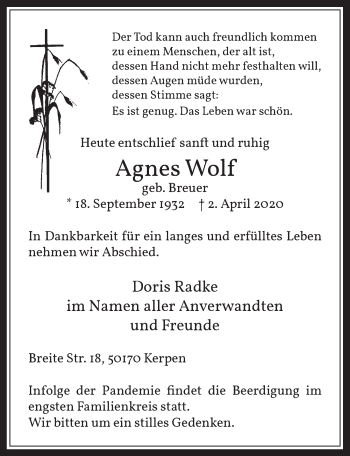 Anzeige von Agnes Wolf von  Wochenende 
