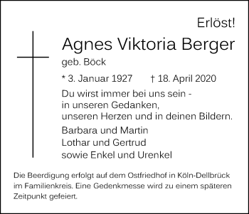 Anzeige von Agnes Viktoria Berger von Kölner Stadt-Anzeiger / Kölnische Rundschau / Express