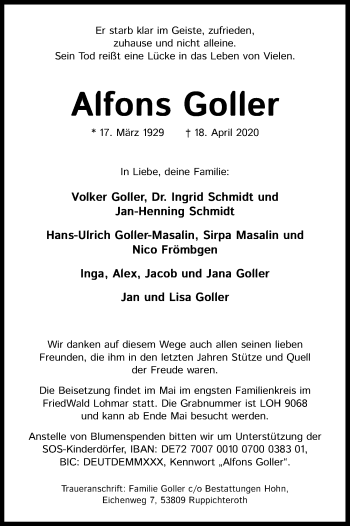 Anzeige von Alfons Goller von Kölner Stadt-Anzeiger / Kölnische Rundschau / Express