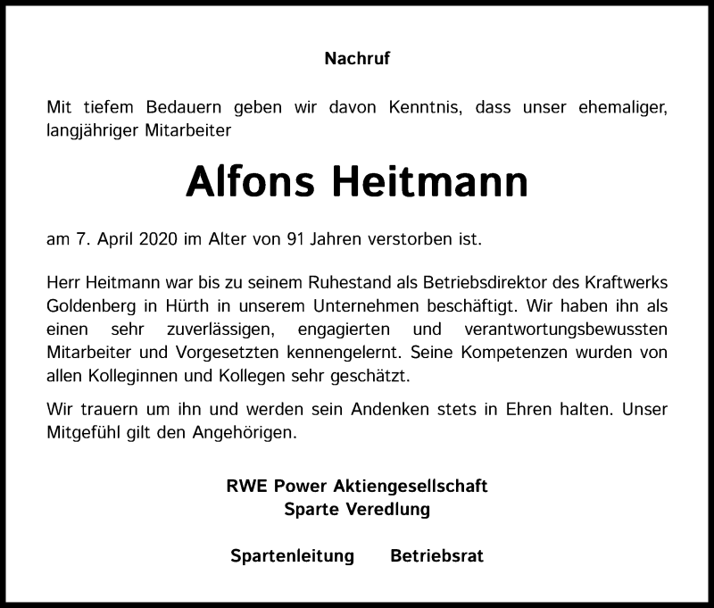  Traueranzeige für Alfons Heitmann vom 18.04.2020 aus Kölner Stadt-Anzeiger / Kölnische Rundschau / Express