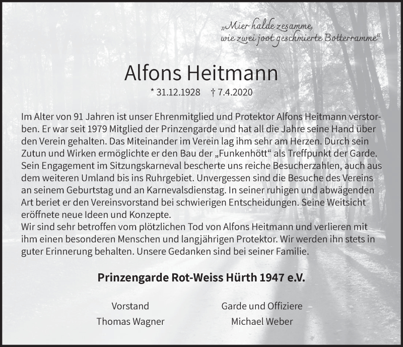  Traueranzeige für Alfons Heitmann vom 17.04.2020 aus  Wochenende 