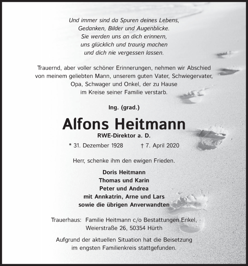  Traueranzeige für Alfons Heitmann vom 17.04.2020 aus  Wochenende 
