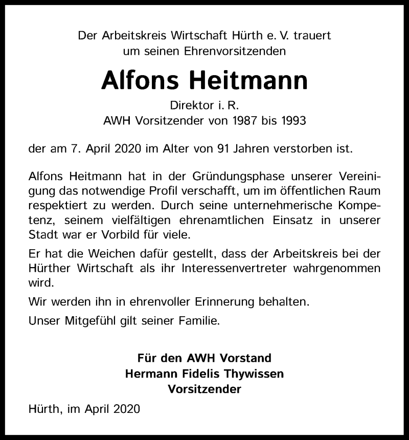  Traueranzeige für Alfons Heitmann vom 25.04.2020 aus Kölner Stadt-Anzeiger / Kölnische Rundschau / Express