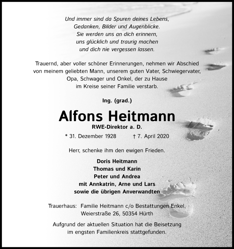 Traueranzeige für Alfons Heitmann vom 18.04.2020 aus Kölner Stadt-Anzeiger / Kölnische Rundschau / Express