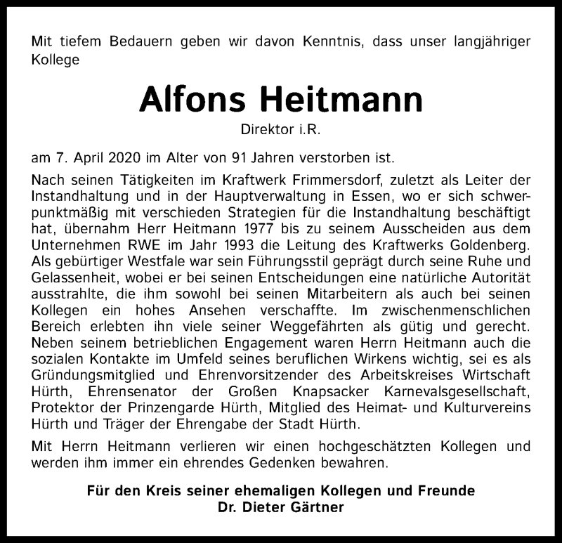  Traueranzeige für Alfons Heitmann vom 18.04.2020 aus Kölner Stadt-Anzeiger / Kölnische Rundschau / Express