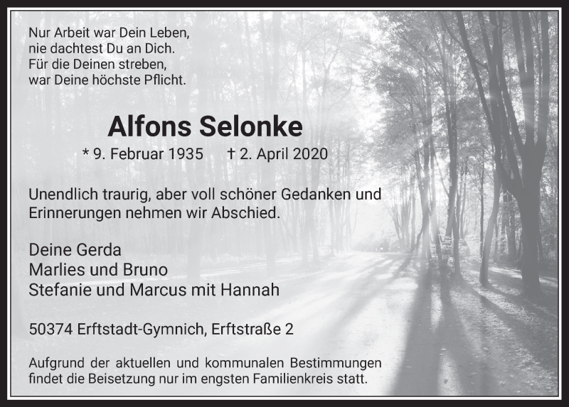  Traueranzeige für Alfons Selonke vom 10.04.2020 aus  Werbepost 