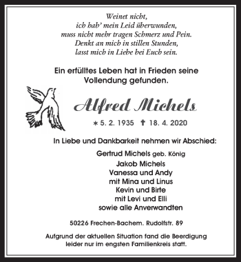 Anzeige von Alfred Michels von  Wochenende 