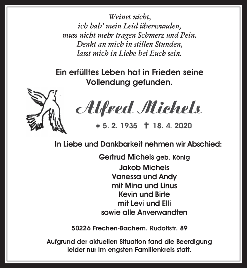  Traueranzeige für Alfred Michels vom 30.04.2020 aus  Wochenende 