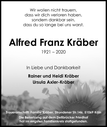 Anzeige von Alfred Franz Kräber von Kölner Stadt-Anzeiger / Kölnische Rundschau / Express