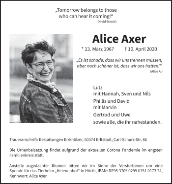 Anzeige von Alice Axer von  Werbepost 