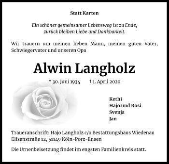Anzeige von Alwin Langholz von Kölner Stadt-Anzeiger / Kölnische Rundschau / Express