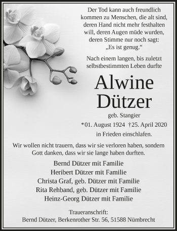 Anzeige von Alwine Dützer von  Lokalanzeiger 