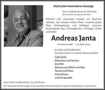 Anzeige von Andreas Janta von  Anzeigen Echo 