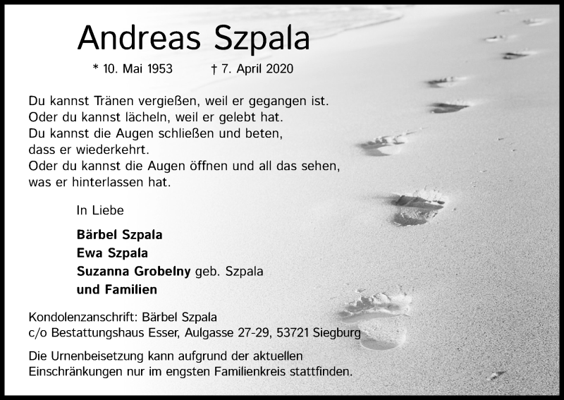  Traueranzeige für Andreas Szpala vom 18.04.2020 aus Kölner Stadt-Anzeiger / Kölnische Rundschau / Express