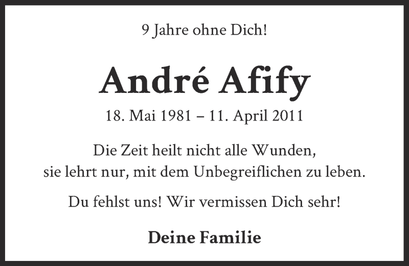  Traueranzeige für André Afify vom 10.04.2020 aus  Kölner Wochenspiegel 