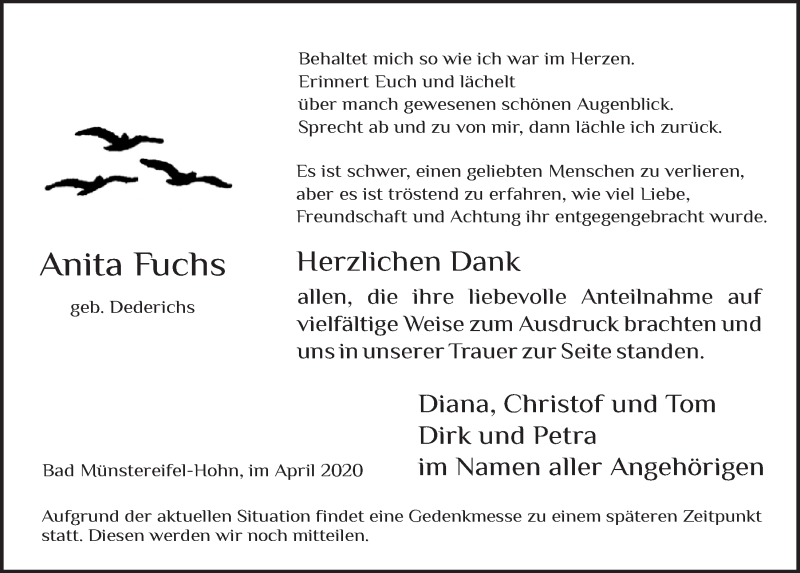  Traueranzeige für Anita Fuchs vom 25.04.2020 aus  Blickpunkt Euskirchen 