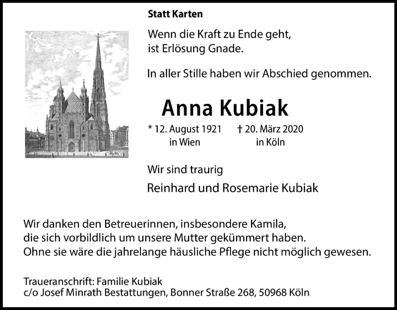  Traueranzeige für Anna Kubiak vom 04.04.2020 aus Kölner Stadt-Anzeiger / Kölnische Rundschau / Express
