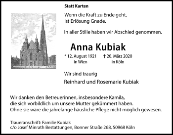 Anzeige von Anna Kubiak von Kölner Stadt-Anzeiger / Kölnische Rundschau / Express