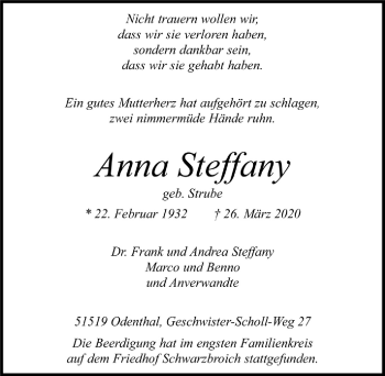 Anzeige von Anna Steffany von  Bergisches Handelsblatt 